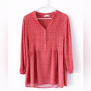 Westport 1962 Red White Geometric Floral Button V-Neck Blouse Woman 1X